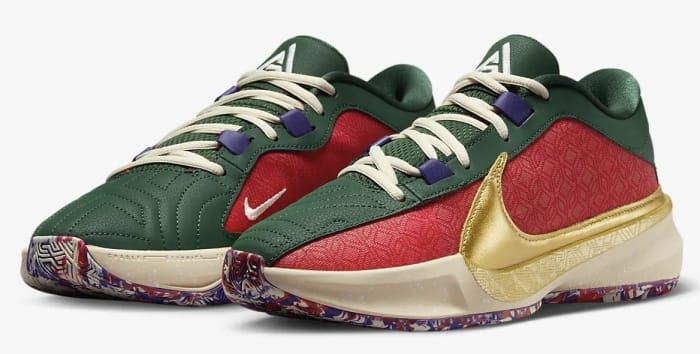 Side view of Giannis Antetokounmpo's green, red, and gold Nike shoes.